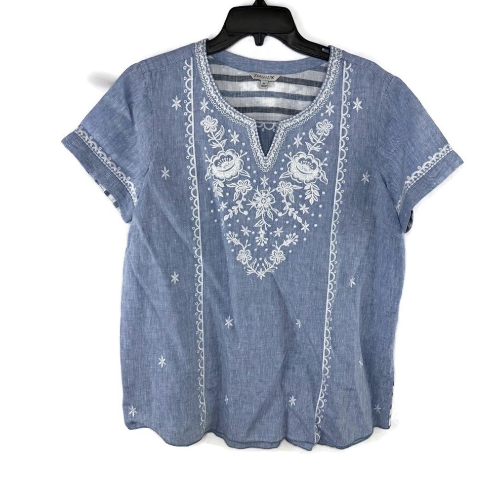 John Mark Blue Linen Embroidered Women's Top